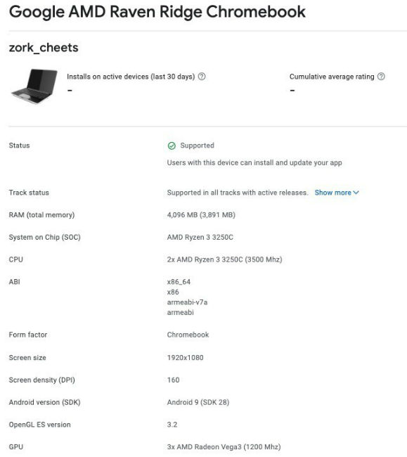 Google Play ConsoleでChromebook｢Zork｣が発見される。AMD Ryzen 3 3250CとフルHDを採用