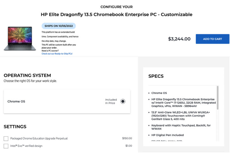 ｢HP Elite Dragonfly Chromebook Enterprise｣が米国公式ストアに登場。カスタマイズ可能ですが…