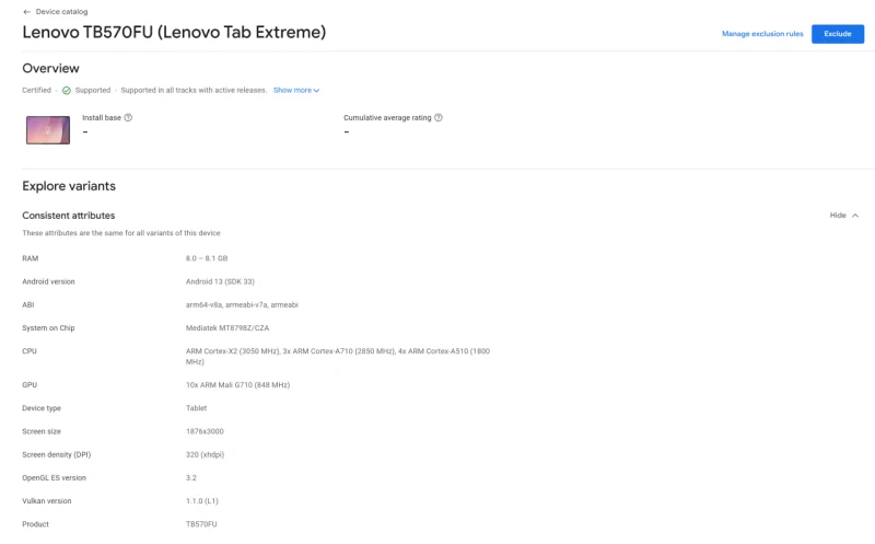 Dimensity 9000を搭載する｢Lenovo Tab Extreme｣がGoogle Play Consoleに登場